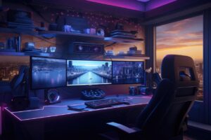 gaming, setup, desk, monitors, window, twilight, ambient, neon, lighting, futuristic, vibe, ergonomic, chair, cityscape, multi-monitor, speakers, keyboard, mouse, controllers, shelves, technology, cozy, glow, ai generated