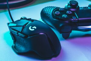 a close up of two video game controllers