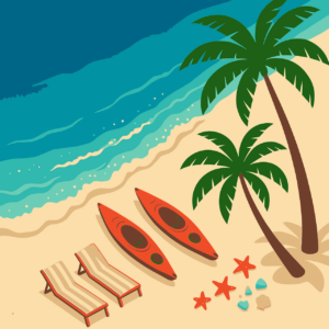 ai generated, nature, beach, summer, tropical, vacation, ocean, palm tree, travel, holiday, kayak, paradise, sea, relax, seaside, sand, indonesia, retro, lounge chair, starfish, island, leisure, tourism, graphic design, bali