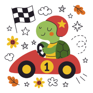 ai generated, turtle, racing, racing car, flower background, motorsport, speed, helmet, cartoon style, green turtle, red car, number one, nature, steering wheel, beautiful flowers, finish flag, stars, clouds, flowers, leaves, flower wallpaper, fun, competition, track, flat style, brightly