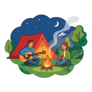 camping illustration, campfire night, outdoor camping, guitar by campfire, cozy camping, night adventure, nature lifestyle, outdoor leisure, camping couple, travel lifestyle, flat vector style, modern illustration, peaceful night, camping trip, adventure vacation, music outdoors, nature recreation, camping concept, stargazing, cozy illustration, outdoor hobby, slow living, ai generated