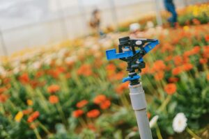 Close-up of a sprinkler in a colorful flower field, enhancing growth in a greenhouse. pvc